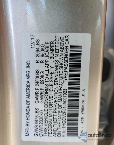 2018 Honda Accord Exl z USA, uszkodzony, nr VIN 1HGCV2F51JA007923